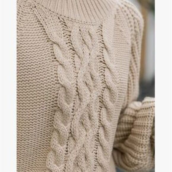 New Khaki Mock Neck Cable Knit Chunky Sweater - Picture 4 of 6